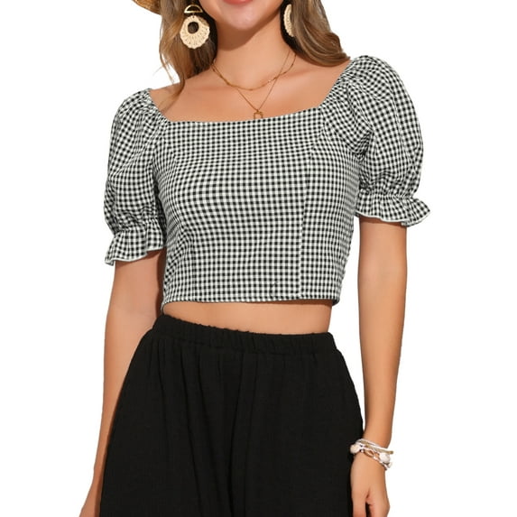 INSPIRE CHIC Smocked Crop Top for Women's Bubble Sleeve Peasant Gingham Plaid Tops L Black White