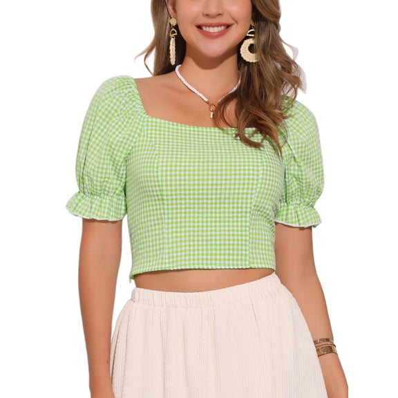 INSPIRE CHIC Smocked Crop Top for Women's Bubble Sleeve Peasant Gingham Plaid Tops L Green