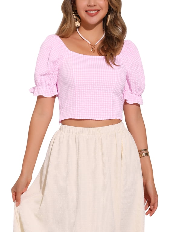 Smocked Crop Top for Women's Bubble Sleeve Peasant Gingham Plaid Tops L Light Pink