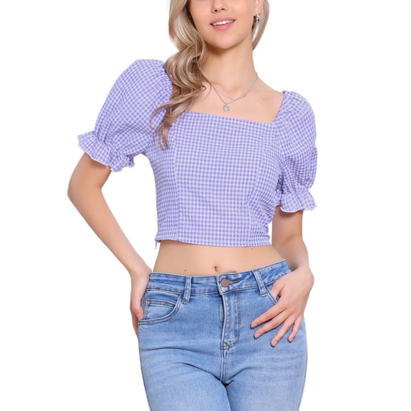 INSPIRE CHIC Smocked Crop Top for Women's Bubble Sleeve Peasant Gingham Plaid Tops M Light Purple