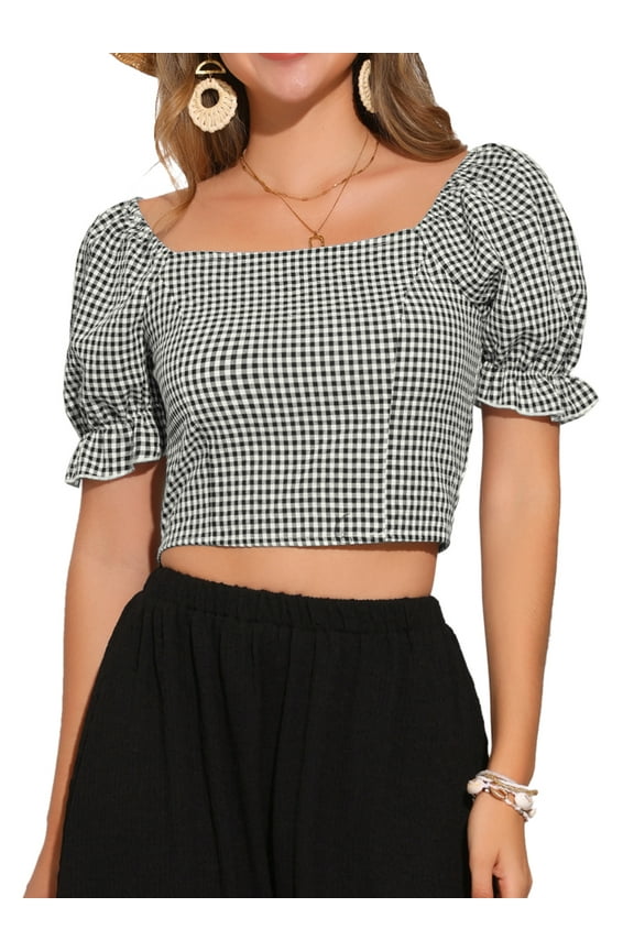 Smocked Crop Top for Women's Bubble Sleeve Peasant Gingham Plaid Tops S Black White