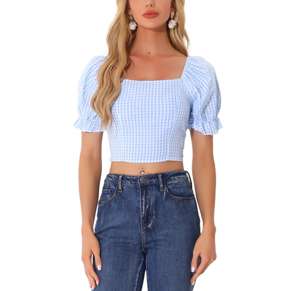 INSPIRE CHIC Smocked Crop Top for Women's Bubble Sleeve Peasant Gingham Plaid Tops S Light Blue