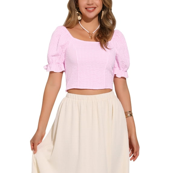 INSPIRE CHIC Smocked Crop Top for Women's Bubble Sleeve Peasant Gingham Plaid Tops XL Light Pink