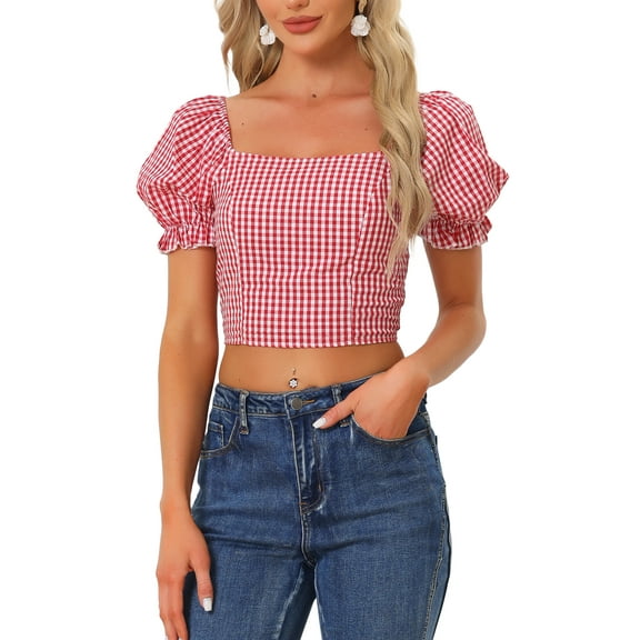 INSPIRE CHIC Smocked Crop Top for Women's Bubble Sleeve Peasant Gingham Plaid Tops XL Red