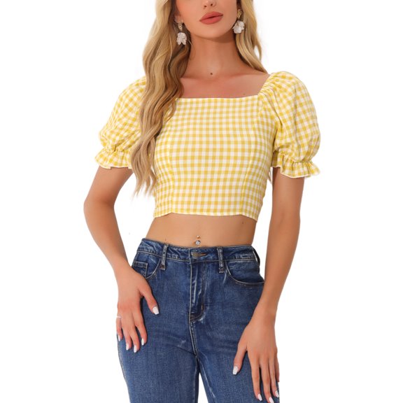 INSPIRE CHIC Smocked Crop Top for Women's Bubble Sleeve Peasant Gingham Plaid Tops XL Yellow