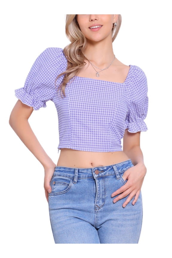 Smocked Crop Top for Women's Bubble Sleeve Peasant Gingham Plaid Tops XS Light Purple