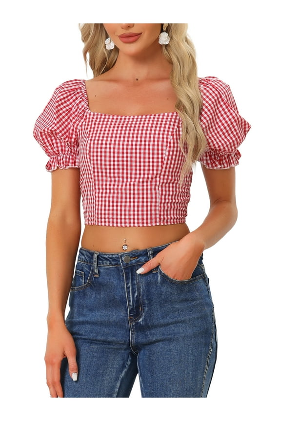 Smocked Crop Top for Women's Bubble Sleeve Peasant Gingham Plaid Tops XS Red