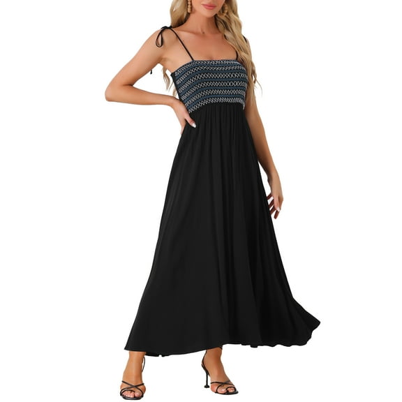 INSPIRE CHIC Smocked Dress for Women's Square Neck Boho Spaghetti Strap Long Dress Black M