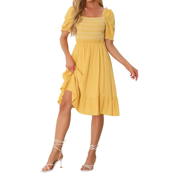 INSPIRE CHIC Smocked Dress for Women's Square Neck Puff Short Sleeve Ruffle Summer Dresses S Yellow