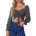 thumbnail image 1 of INSPIRE CHIC Smocked Floral Crop Top for Women's Square Neck Drawstring Front Puff Sleeve Summer Blouse Black XS, 1 of 5