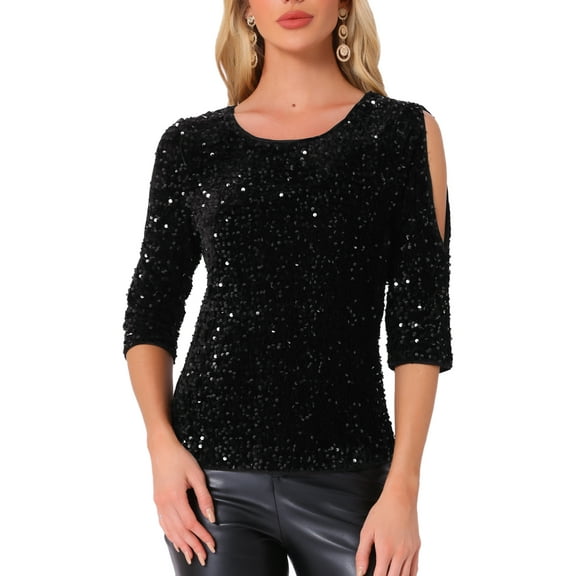 INSPIRE CHIC Sparkle Sequin Velvet Tops for Women's Cut Out Half Sleeve Party Club Holiday Blouse XL Black