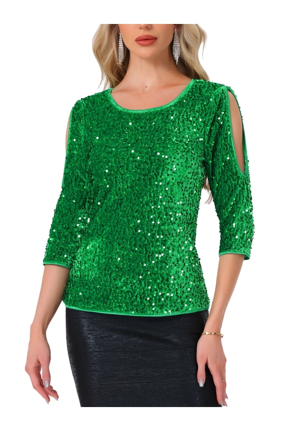 Allegra K Sparkle Sequin Velvet Tops for Women's Cut Out Half Sleeve Party Club Holiday Blouse L Green