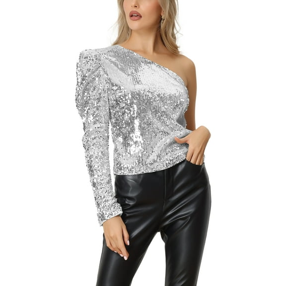 INSPIRE CHIC Women's Top Sequin One Shoulder Puff Long Sleeve Cocktail Party Shimmer Sparkly Tops XS Silver