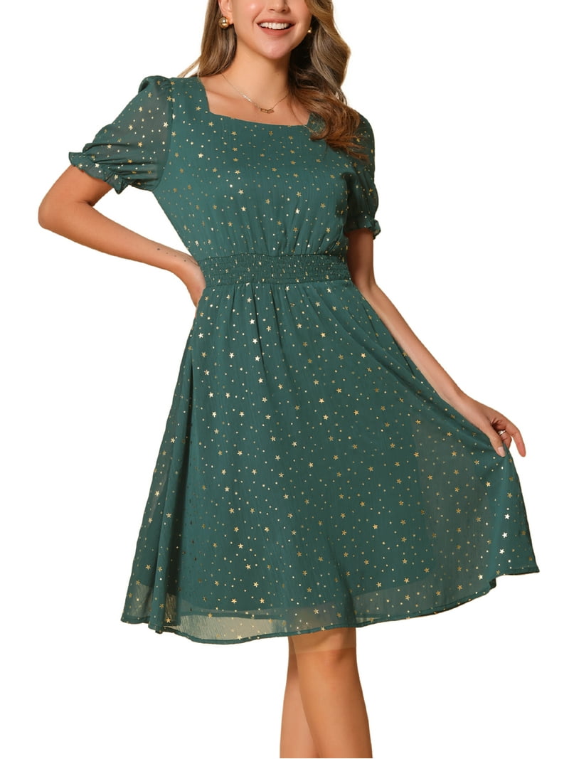 Inspire Chic Square Neck Dress for Women's Metallic Stars Short Sleeve A-Line Stretch Waist Midi Dresses L Dark Green, Size: Large Inspire Chic Square Neck Dress for Women's Metallic Stars Short Sleeve A-Line Stretch Waist Midi Dresses L Dark Green, Size: Large