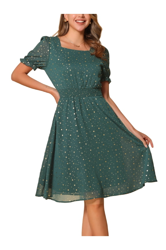 Square Neck Dress for Women's Metallic Stars Short Sleeve A-Line Stretch Waist Midi Dresses L Dark Green