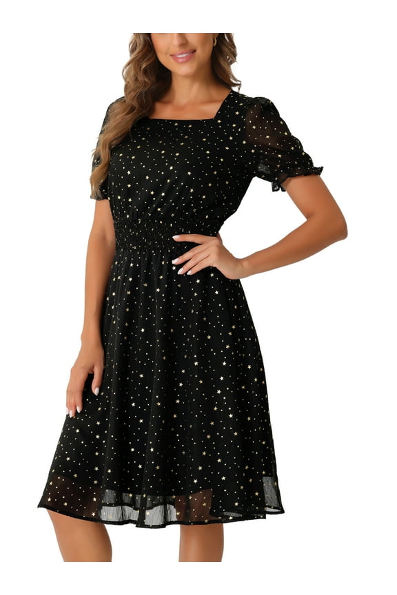 Square Neck Dress for Women's Metallic Stars Short Sleeve A-Line Stretch Waist Midi Dresses M Black