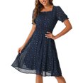 thumbnail image 1 of INSPIRE CHIC Square Neck Dress for Women's Metallic Stars Short Sleeve A-Line Stretch Waist Midi Dresses M Dark Blue, 1 of 6