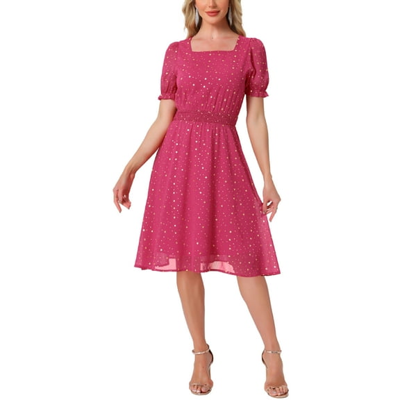 Allegra K Square Neck Dress for Women's Metallic Stars Short Sleeve A-Line Stretch Waist Midi Dresses XL Rose Pink