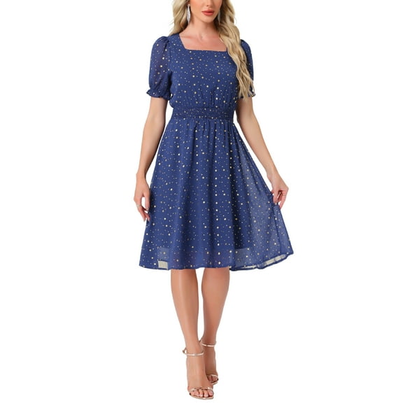 Allegra K Square Neck Dress for Women's Metallic Stars Short Sleeve A-Line Stretch Waist Midi Dresses XL Royal Blue