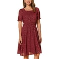 thumbnail image 1 of INSPIRE CHIC Square Neck Dress for Women's Metallic Stars Short Sleeve A-Line Stretch Waist Midi Dresses XS Dark Red, 1 of 6