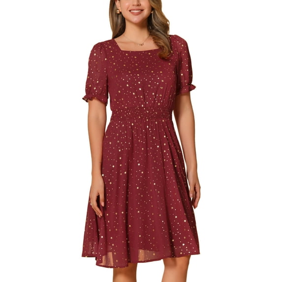 INSPIRE CHIC Square Neck Dress for Women's Metallic Stars Short Sleeve A-Line Stretch Waist Midi Dresses XS Dark Red