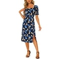 thumbnail image 1 of INSPIRE CHIC Square Neck Floral Dress for Women's Summer Slit Ruched Sleeve Midi Dresses Dark Blue XS, 1 of 5