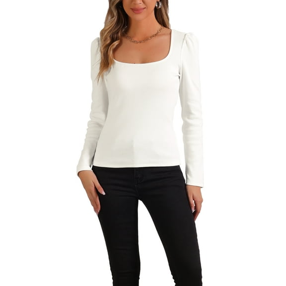 INSPIRE CHIC Square Neck Top for Women's Long Sleeves Ribbed Knit Casual Basic Tops
