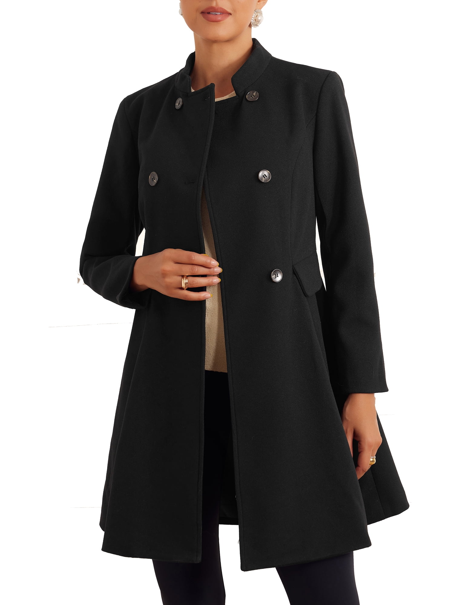 INSPIRE CHIC Stand Collar Coat for Women's Double Breasted Long
