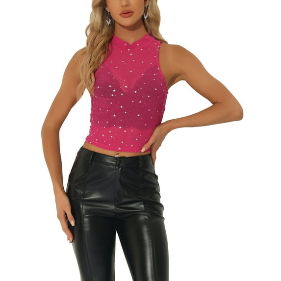 INSPIRE CHIC Star Mesh Crop Top for Women’s Mock Neck Sleeveless See Through Party Tank Top XS Hot Pink