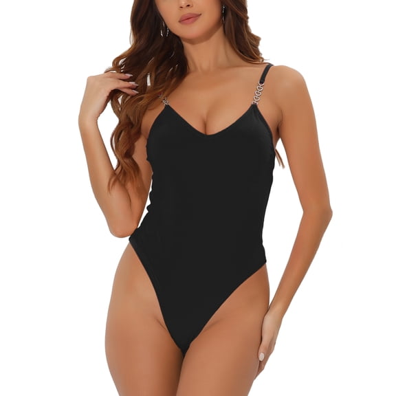 INSPIRE CHIC Straps Bodysuit for Women's Slim Fit Chain V-Neck Casual Cami Tops XS Black