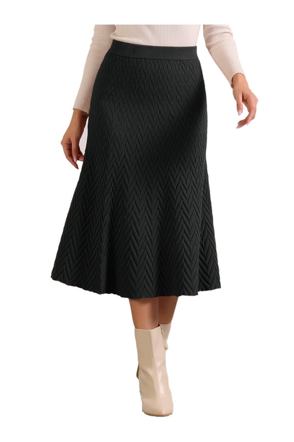 Women's High Waist Skirt Herringbone Knit Pattern Midi Skirt XL Black