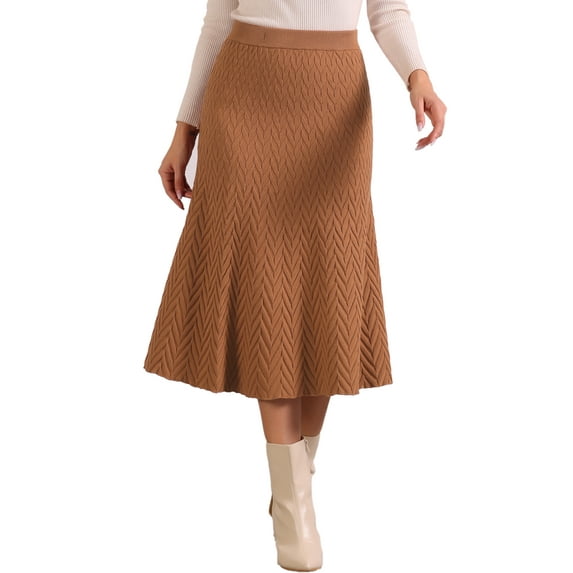 INSPIRE CHIC Women's High Waist Skirt Herringbone Knit Pattern Midi Skirt XL Camel