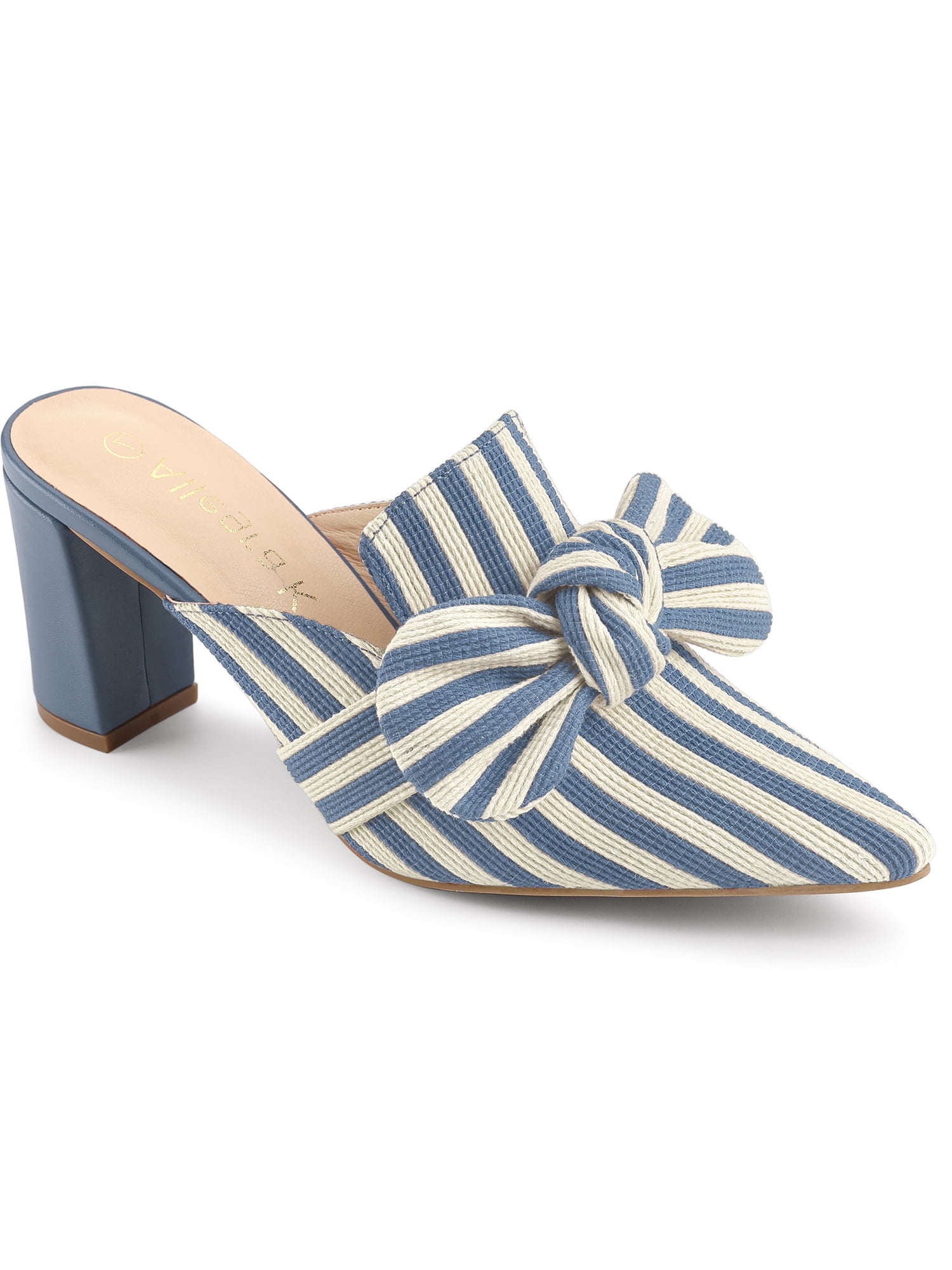 Allegra K Stripe Bow Chunky Heel Slides Mules for Women