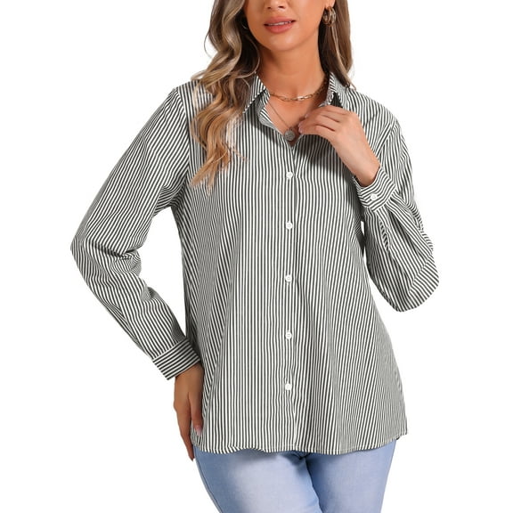 INSPIRE CHIC Striped Shirt for Women's Button Down Long Sleeve Collared Work Office Dress Shirt Black XS