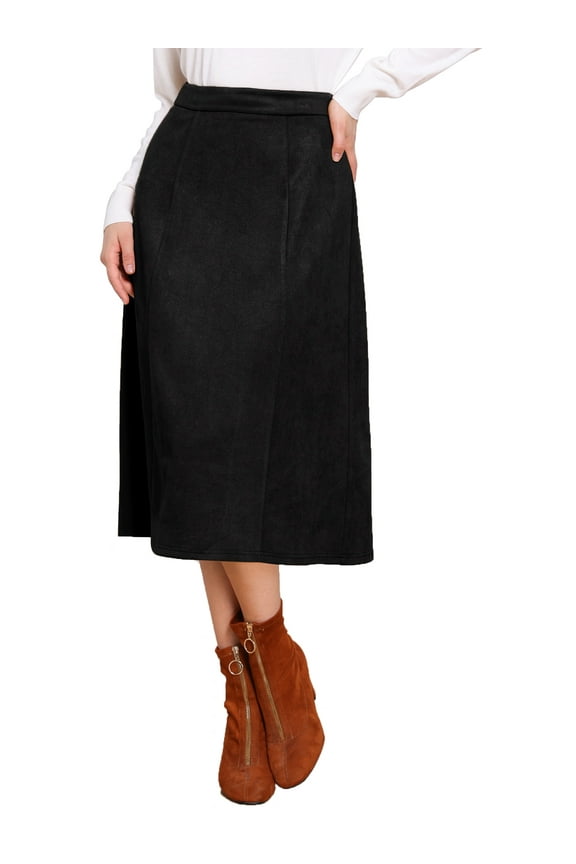 Suede Midi Skirts for Women's Work Casual Fall Winter A Line Skirt Trendy L Black