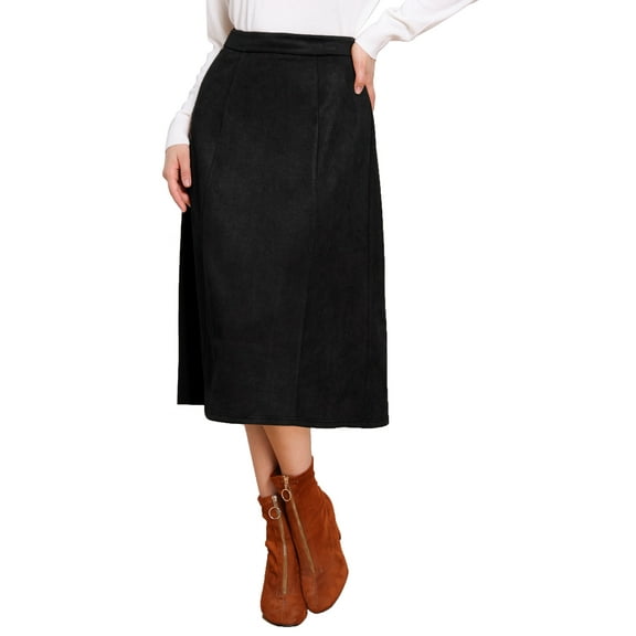 INSPIRE CHIC Suede Midi Skirts for Women's Work Casual Fall Winter A Line Skirt Trendy XS Black