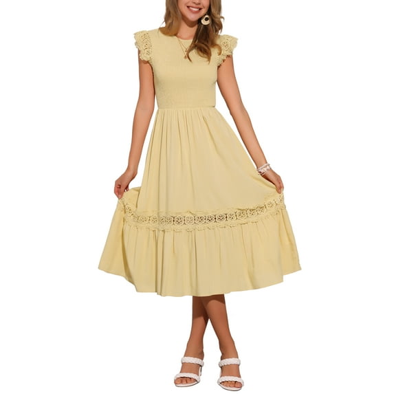 INSPIRE CHIC Summer Boho Midi Dress for Women's Flutter Sleeve Lace Trim Smocked Ruffle Flowy Beach Dress L Yellow