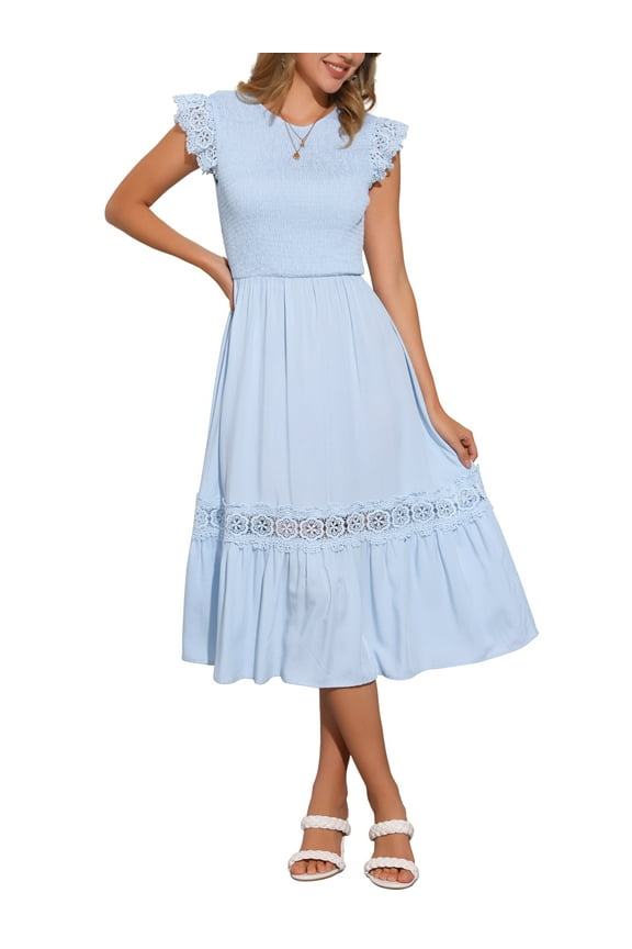 Summer Boho Midi Dress for Women's Flutter Sleeve Lace Trim Smocked Ruffle Flowy Beach Dress M Blue
