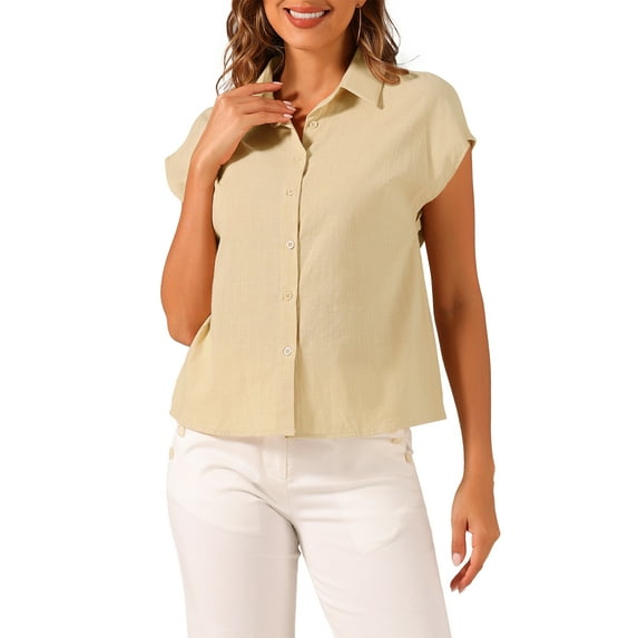 INSPIRE CHIC Summer Button Up Shirt for Women's Cotton Cap Sleeve Everyday Casual Blouse Tops