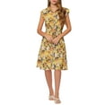 thumbnail image 1 of INSPIRE CHIC Summer Chiffon Floral Shirt Dress for Women's Cap Sleeve Casual Smocked Elastic Waist Dresses L Yellow, 1 of 5