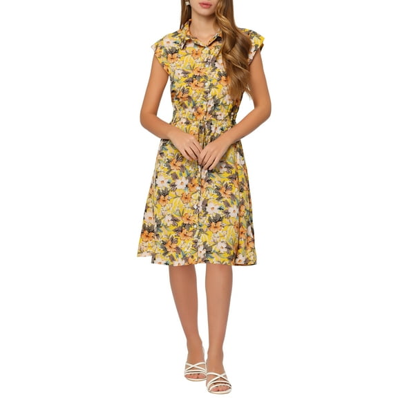 INSPIRE CHIC Summer Chiffon Floral Shirt Dress for Women's Cap Sleeve Casual Smocked Elastic Waist Dresses XS Yellow