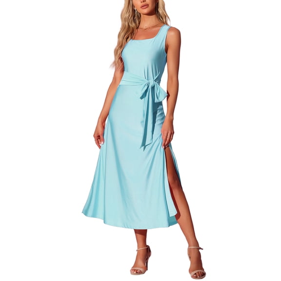 Allegra K Summer Dress Womens Sleeveless Casual Maxi Dress Square Neck Solid Color Waist Strap Long Dresses