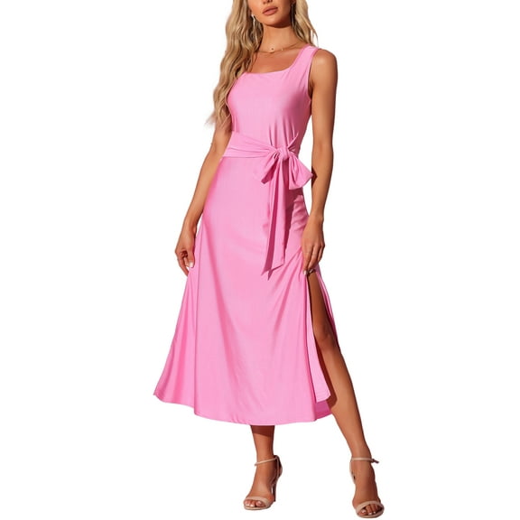 INSPIRE CHIC Summer Dress Womens Sleeveless Casual Maxi Dress Square Neck Solid Color Waist Strap Long Dresses
