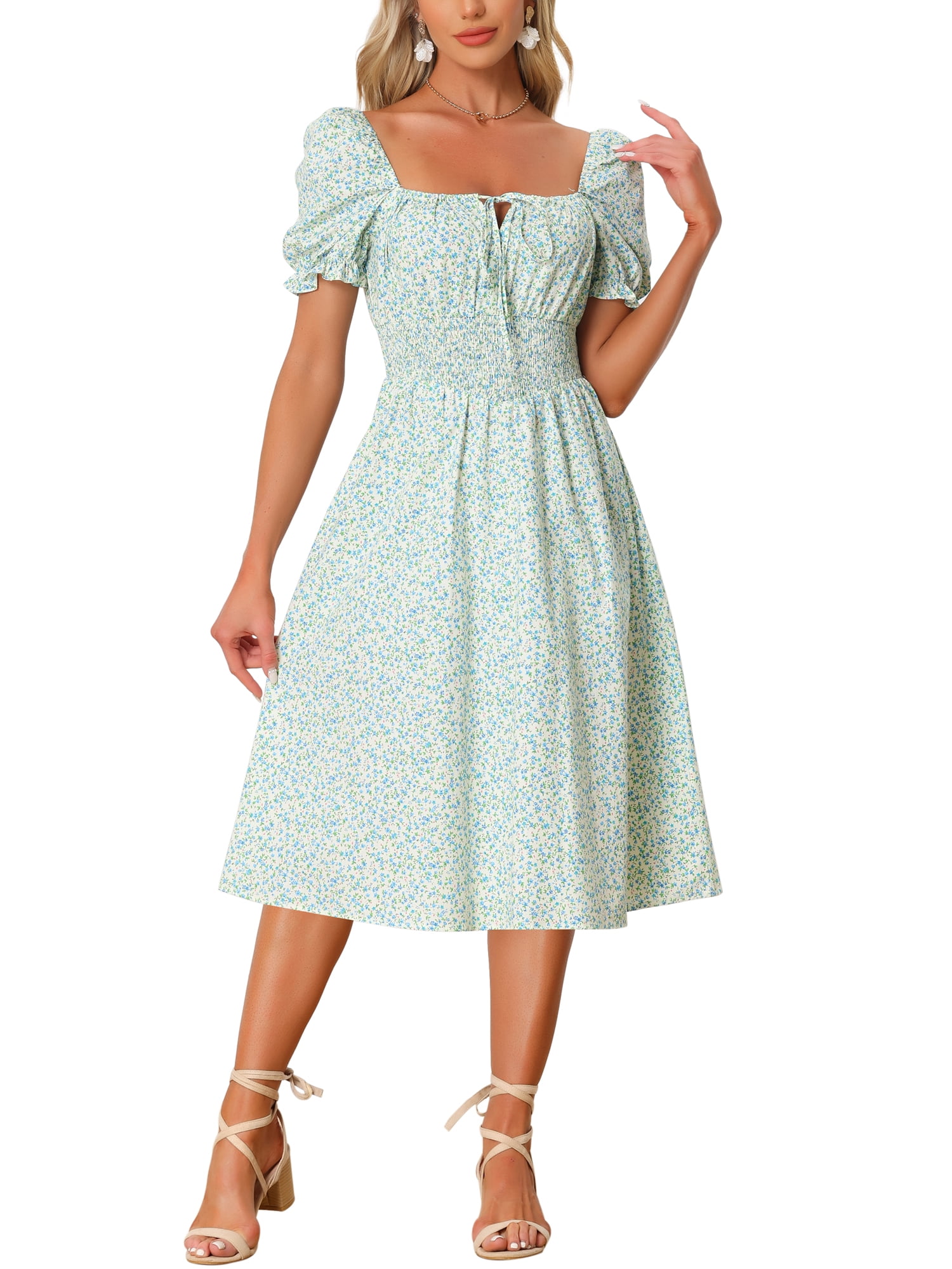 women's summer square collar puff sleeve dress,