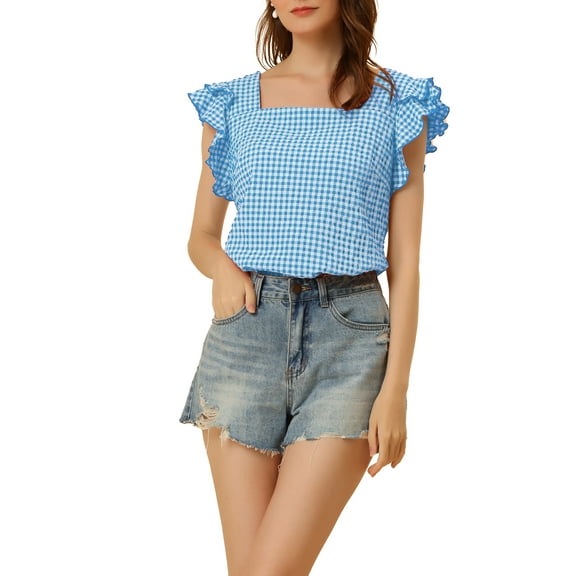 INSPIRE CHIC Women's Gingham Tops Square Neck Ruffle Cap Sleeves Summer Blouse L Blue