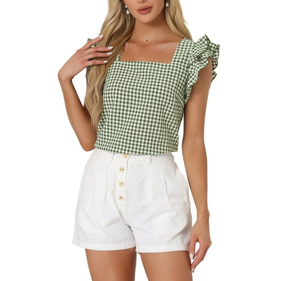 INSPIRE CHIC Women's Gingham Tops Square Neck Ruffle Cap Sleeves Summer Blouse L Dark Green