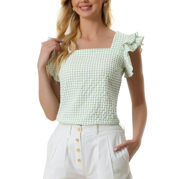 INSPIRE CHIC Women's Gingham Tops Square Neck Ruffle Cap Sleeves Summer Blouse L Green