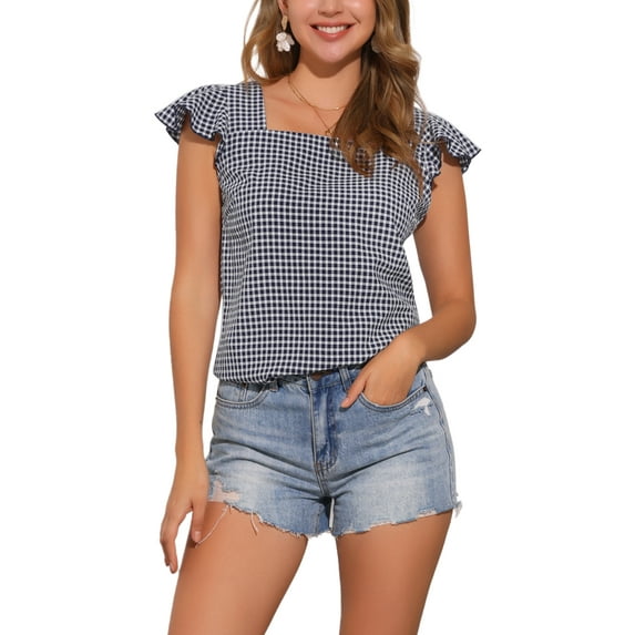 INSPIRE CHIC Women's Gingham Tops Square Neck Ruffle Cap Sleeves Summer Blouse L Navy Blue