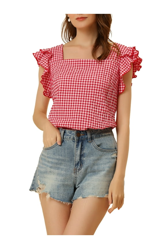 Women's Gingham Tops Square Neck Ruffle Cap Sleeves Summer Blouse L Red