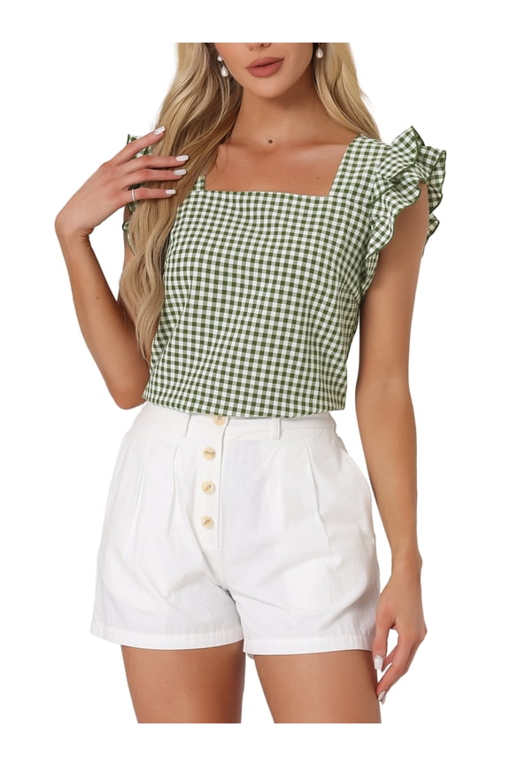Women's Back to School Gingham Tops Square Neck Ruffle Cap Sleeves Summer Blouse Dark Green S